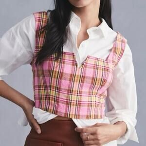 Maeve Anthropologie Structured Pink Plaid Corset Top Size 6